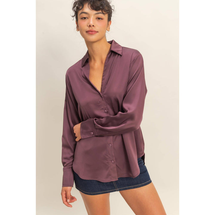 Button-Up Satin Shirt With Collared Neckline: DARK CHERRY