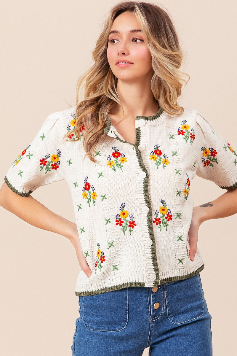 Granny Smith Embroidered Cardigan with floral designs, short sleeves, and button-down style, true-to-size fit, available at Onyx Native."