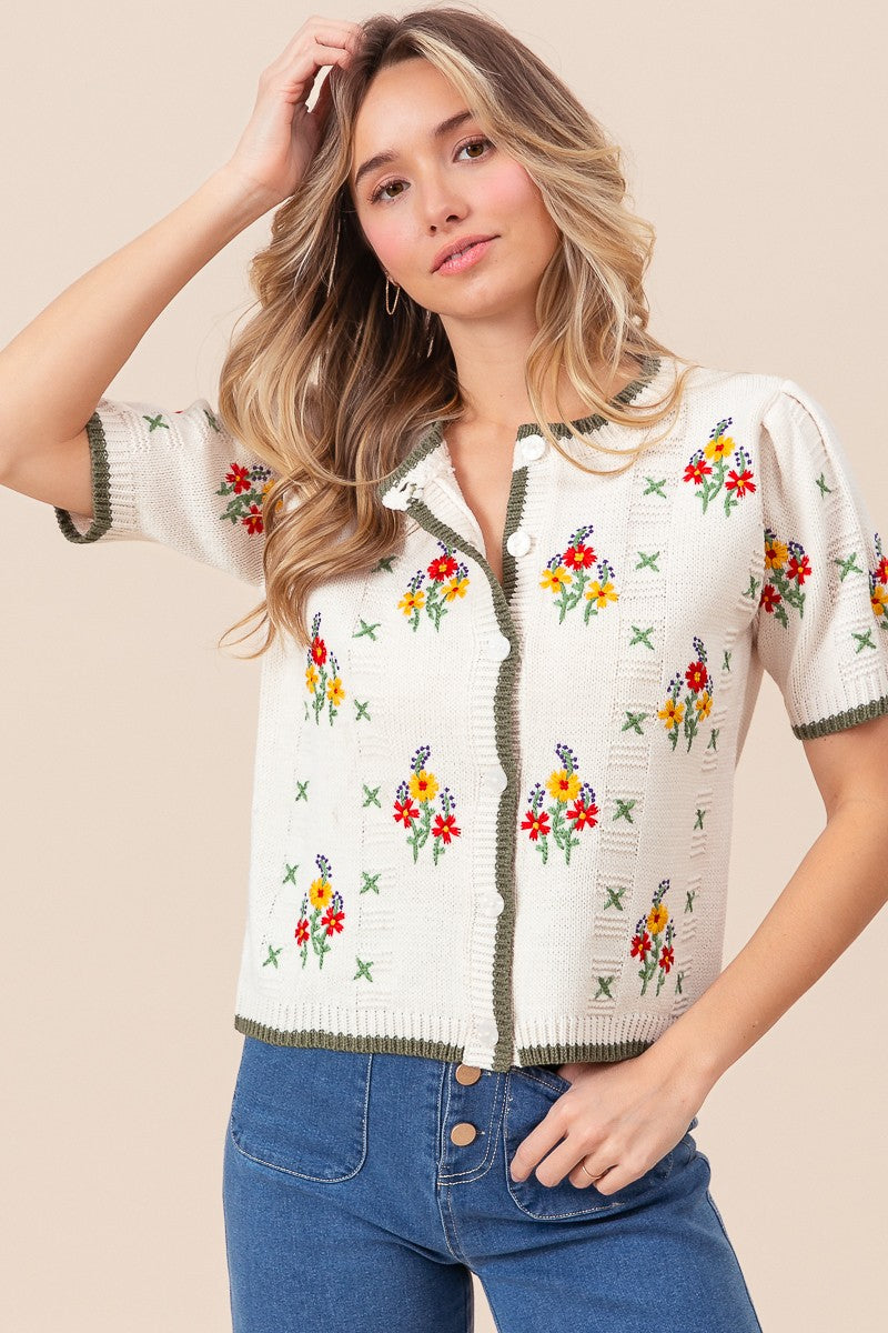 button detail view of Granny Smith Embroidered Cardigan with floral designs, short sleeves, and button-down style, true-to-size fit, available at Onyx Native.