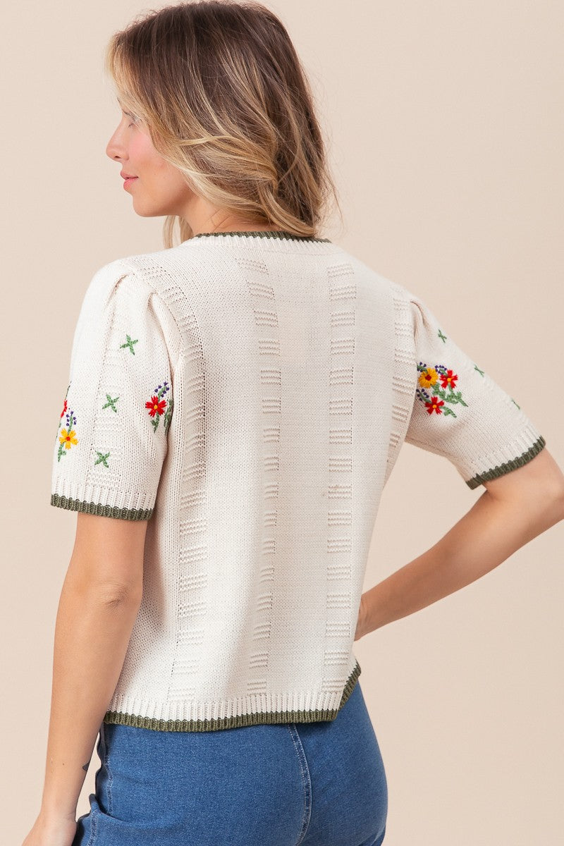 back view of Granny Smith Embroidered Cardigan with floral designs, short sleeves, and button-down style, true-to-size fit, available at Onyx Native.