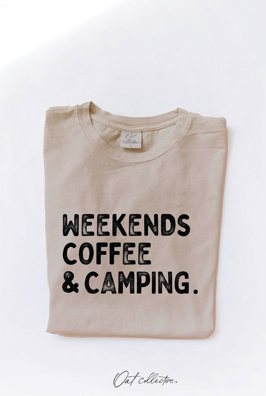 WEEKENDS COFFEE AND CAMPING Mineral Washed Graphic Top, 100% cotton jersey, relaxed unisex fit, screen-printed with water-based ink, exclusive Oat Collective label.