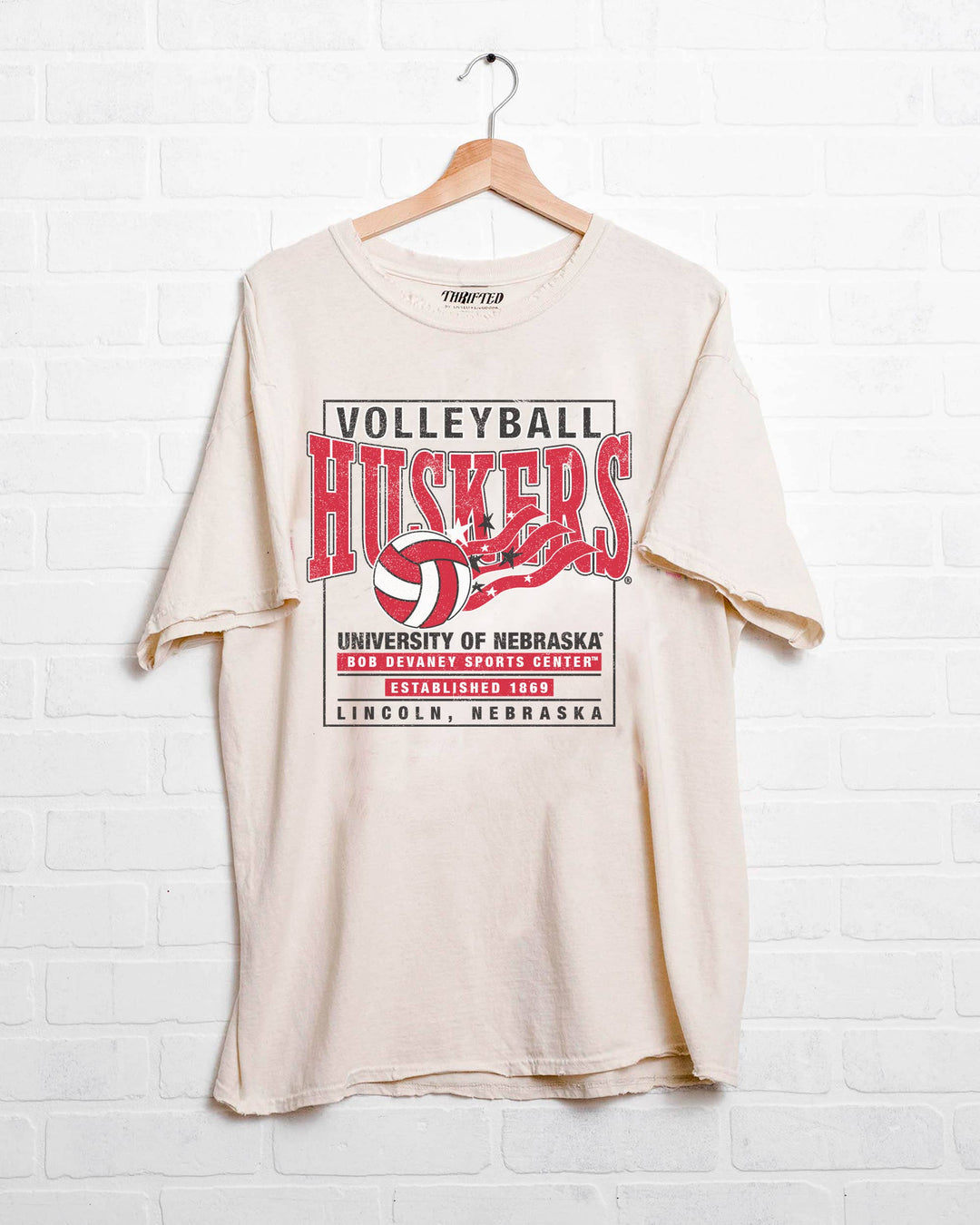Nebraska Huskers Volleyball Stars Off White Thrifted Tee