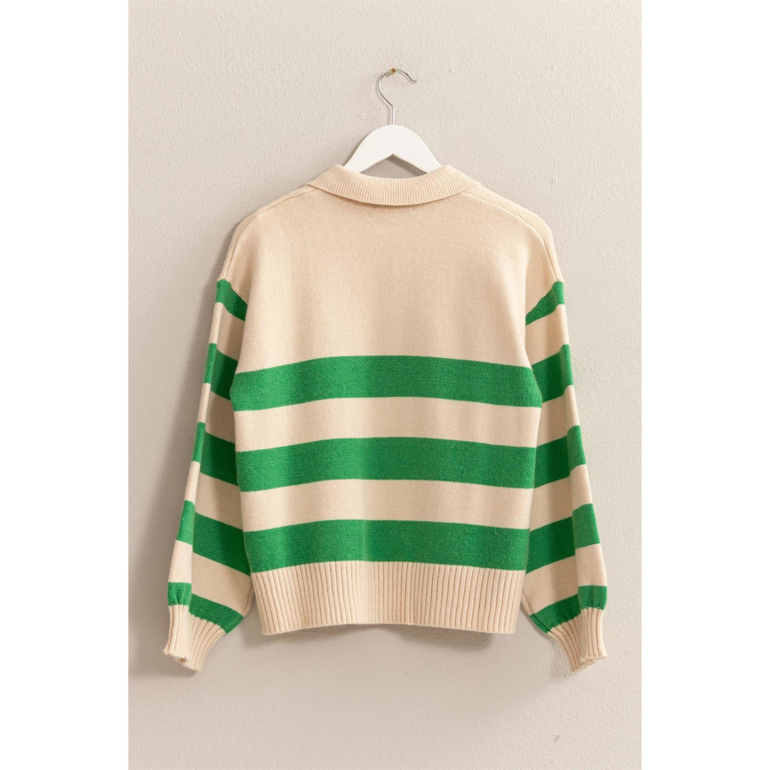 back view of green stripe That’s So 70’s Collared Stripe Sweater with bold horizontal stripes and a relaxed fit, featuring a classic collar with a single button, available at Onyx Native.
