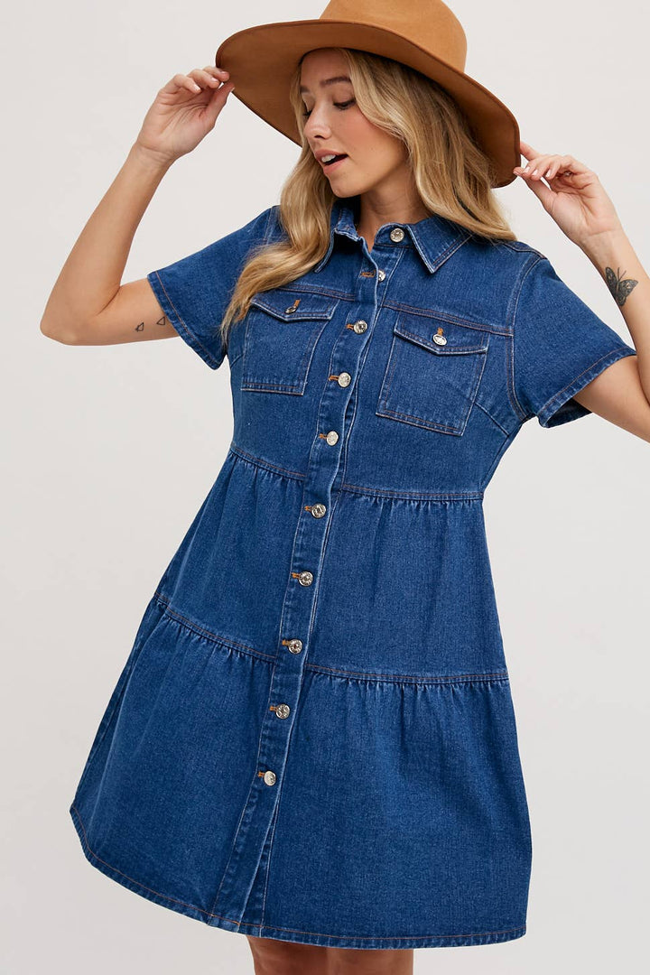 DENIM TIERED BUTTON FRONT SHIRT DRESS