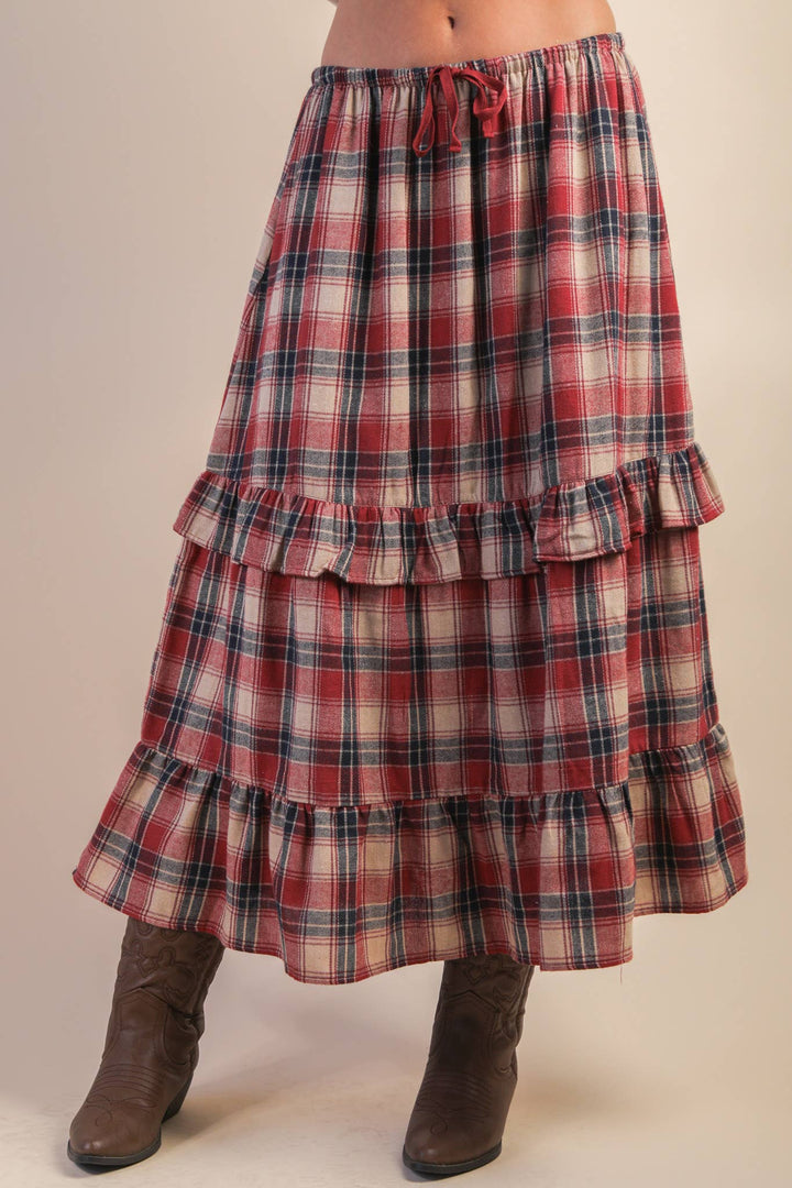 Ruffle Red Check Plaid Tiered Midi Skirt