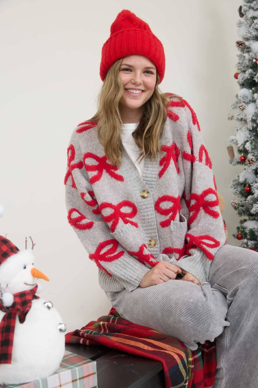 BOW PATTERN BUTTON DOWN KNIT CARDIGAN: HEATHER GREY