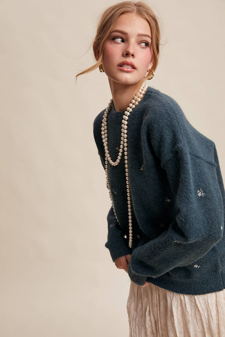 Embroidered Dot Knit Sweater Emerlad