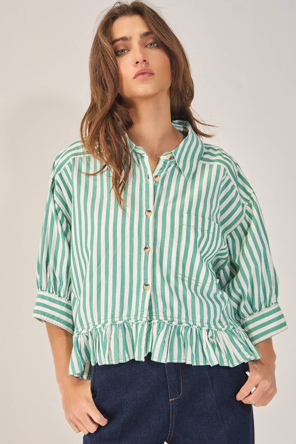 Green Springs Ruffled Detail Striped Top