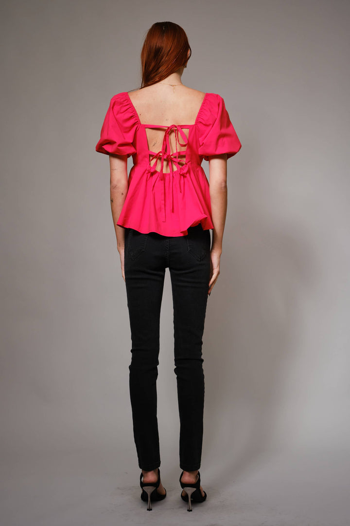 Coral Puff Sleeve Peplum Top with Square Neckline and Tie Back