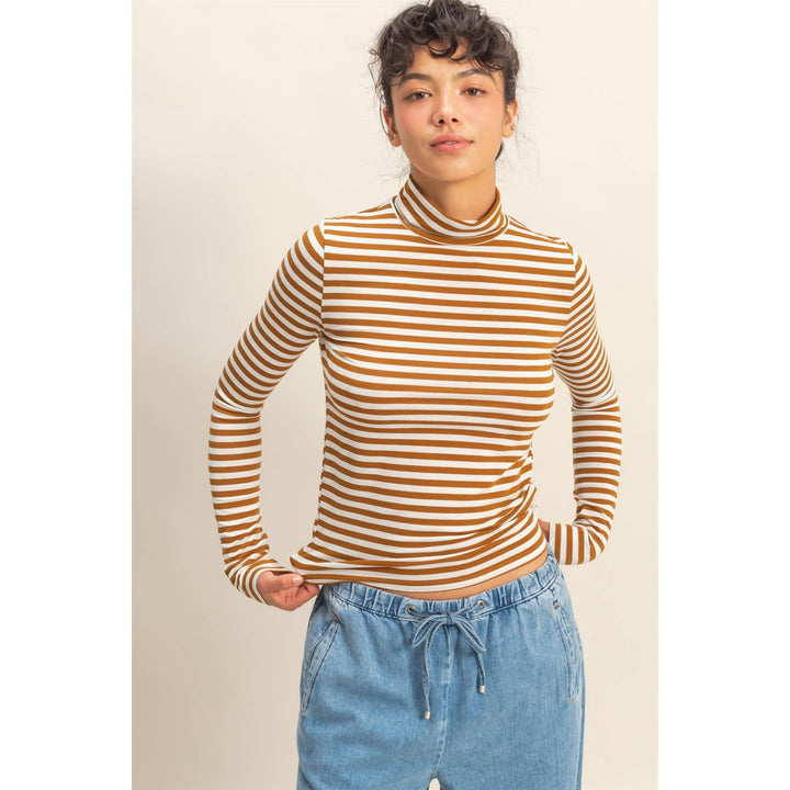 Striped Turtleneck Fitted Long Sleeve Top