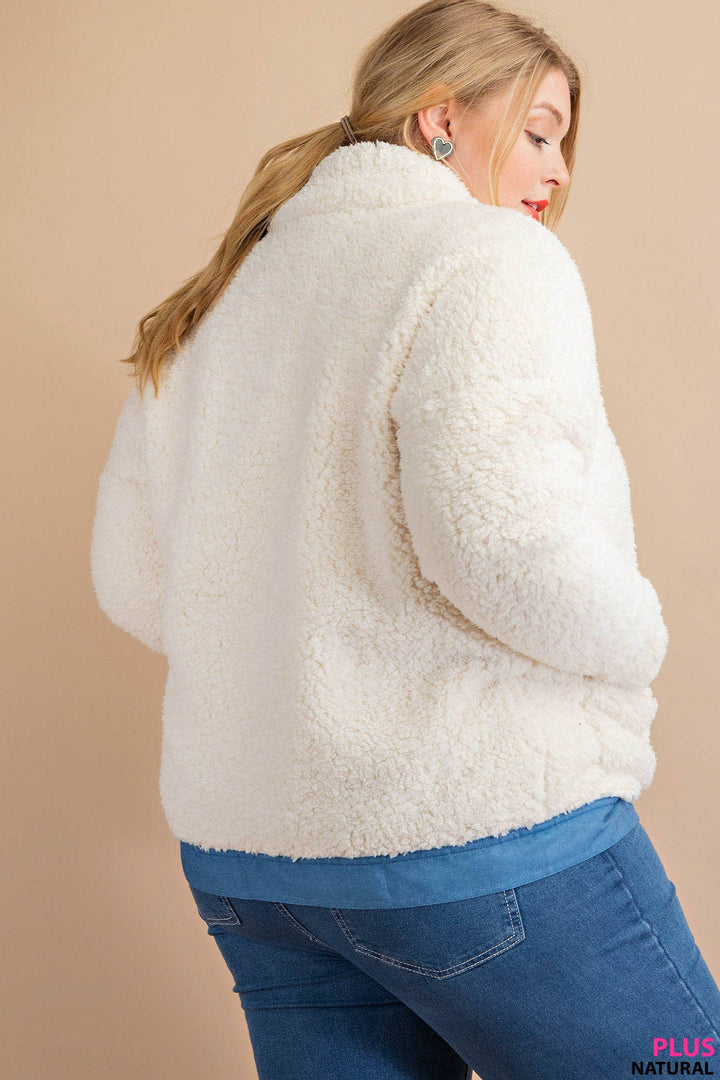 SOFT FAUX FUR CHAMBREY CONTRAST SNAP BUTTON JACKET