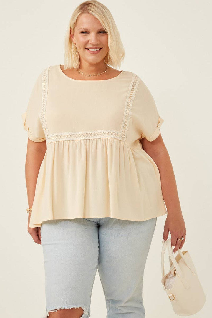 Womens Crochet Trimmed Dolman Sleeve Babydoll Top: Taupe