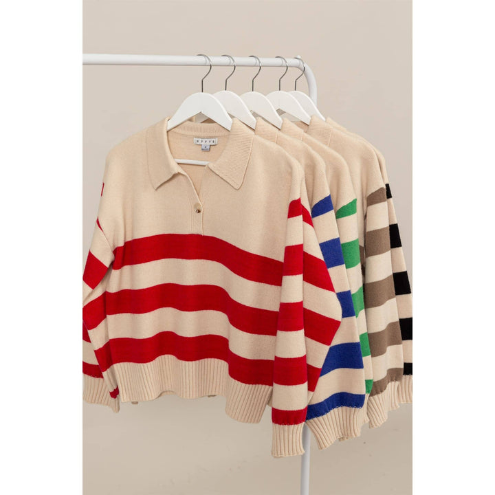 multiple colored view of That’s So 70’s Collared Stripe Sweater with bold horizontal stripes and a relaxed fit, featuring a classic collar with a single button, available at Onyx Native.