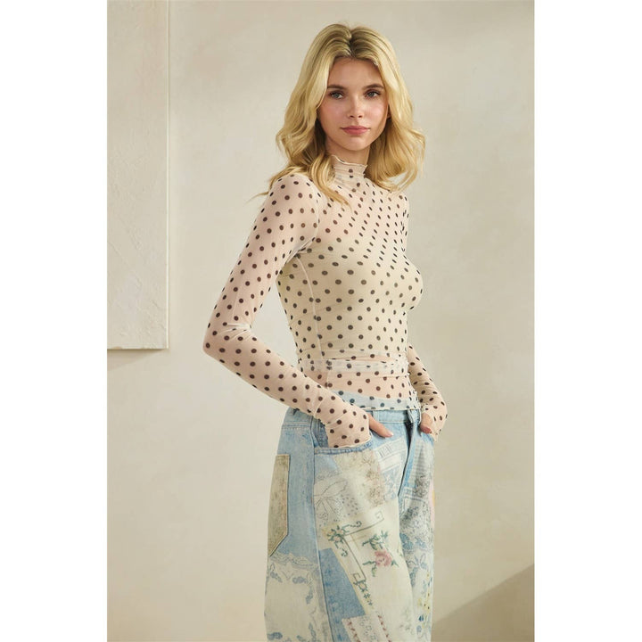 Lace Long Sleeve See Through Top: Ivory Polka Dot