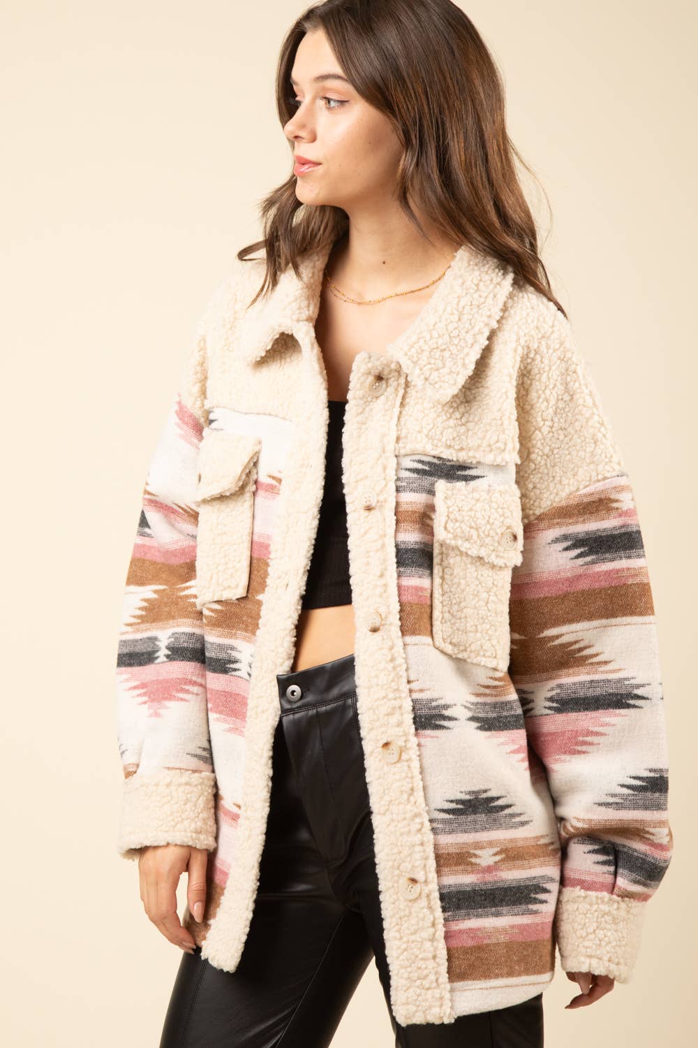 PLUS SIZE Aztec Graphic Sherpa Jacket Shacket
