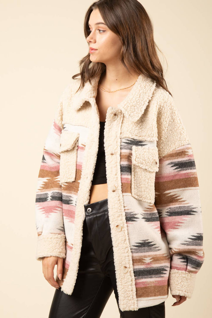 PLUS SIZE Aztec Graphic Sherpa Jacket Shacket