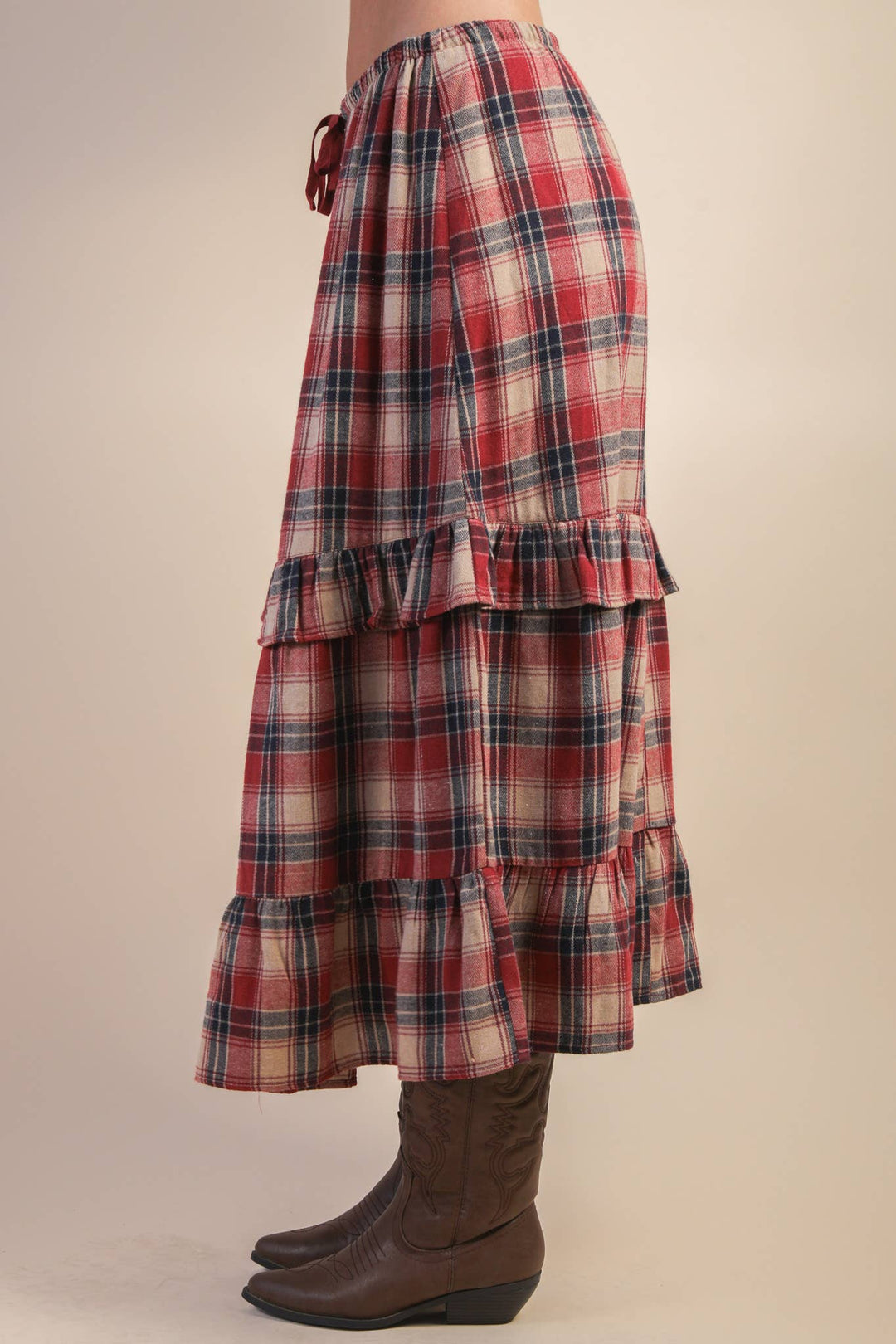 Ruffle Red Check Plaid Tiered Midi Skirt
