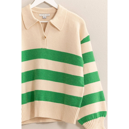 close up details of green colored That’s So 70’s Collared Stripe Sweater with bold horizontal stripes and a relaxed fit, featuring a classic collar with a single button, available at Onyx Native.