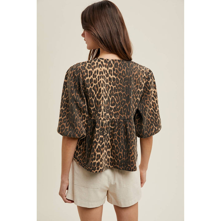 Bow Leopard Denim top