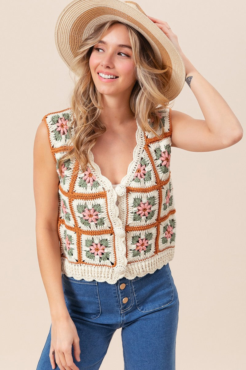 Versatile Granny Square Vest with a true-to-size fit, perfect for layering and dressing up or down, available at Onyx Native.