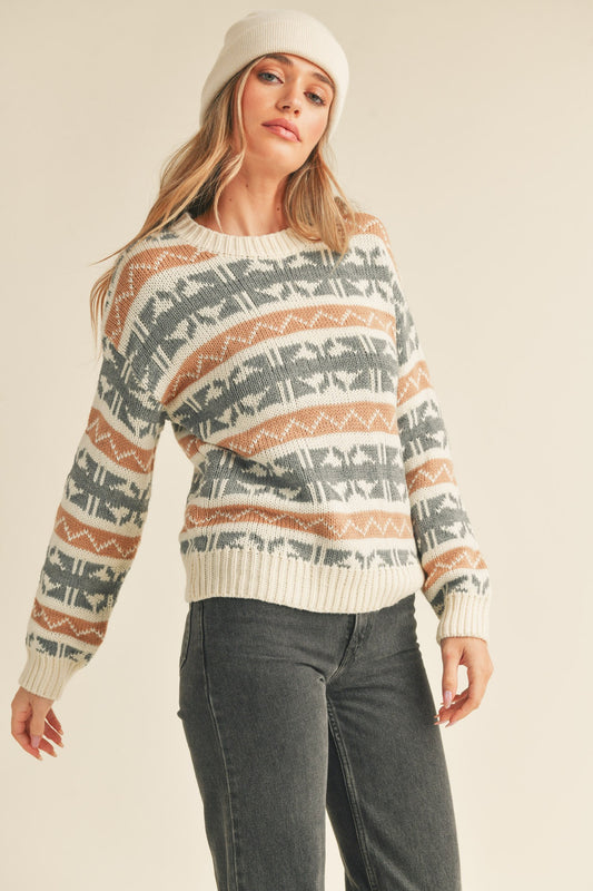 Abstract knit pattern sweater with a ribbed round neck, drop shoulder long sleeves with ribbed cuffs, and an abstract Fair Isle knit design. Features a pullover style and ribbed hem.