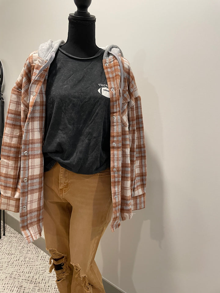 open front view of Camel Hooded Plaid Jacket - Frayed hem plaid jacket with a hood, front snap buttons, patch pockets, and a round hem.