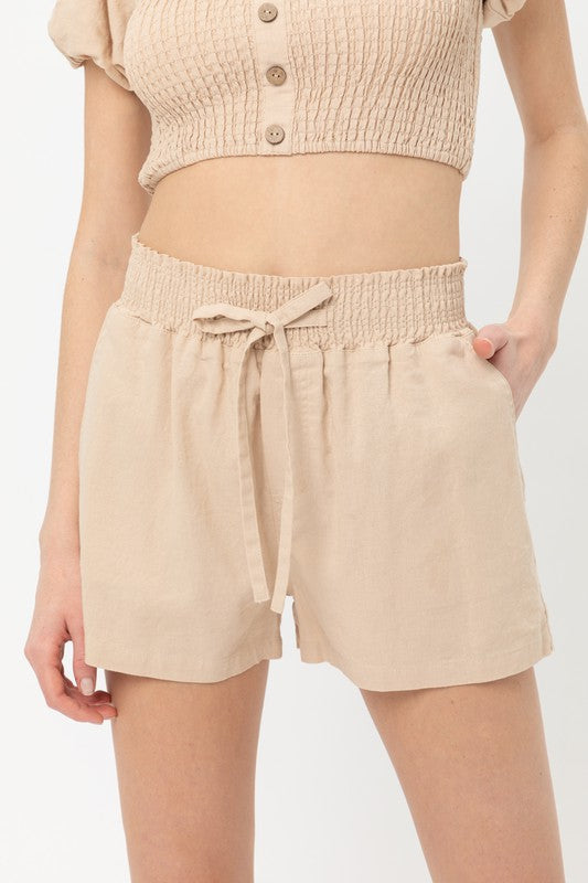 Solid Smoked Waist Woven Shorts