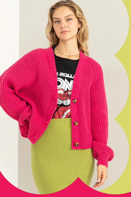 Ribbed Button-Front Raglan Sleeve Cardigan