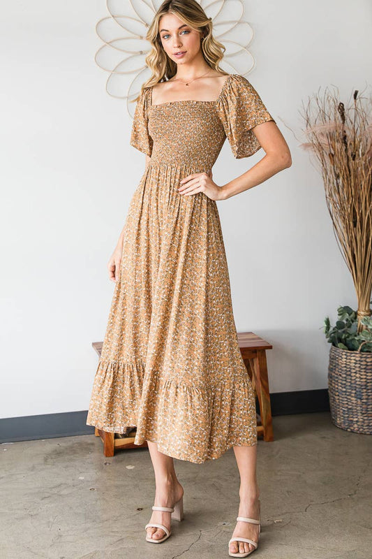 HONEY DITSY FLORAL SMOCKED MIDI DRESS