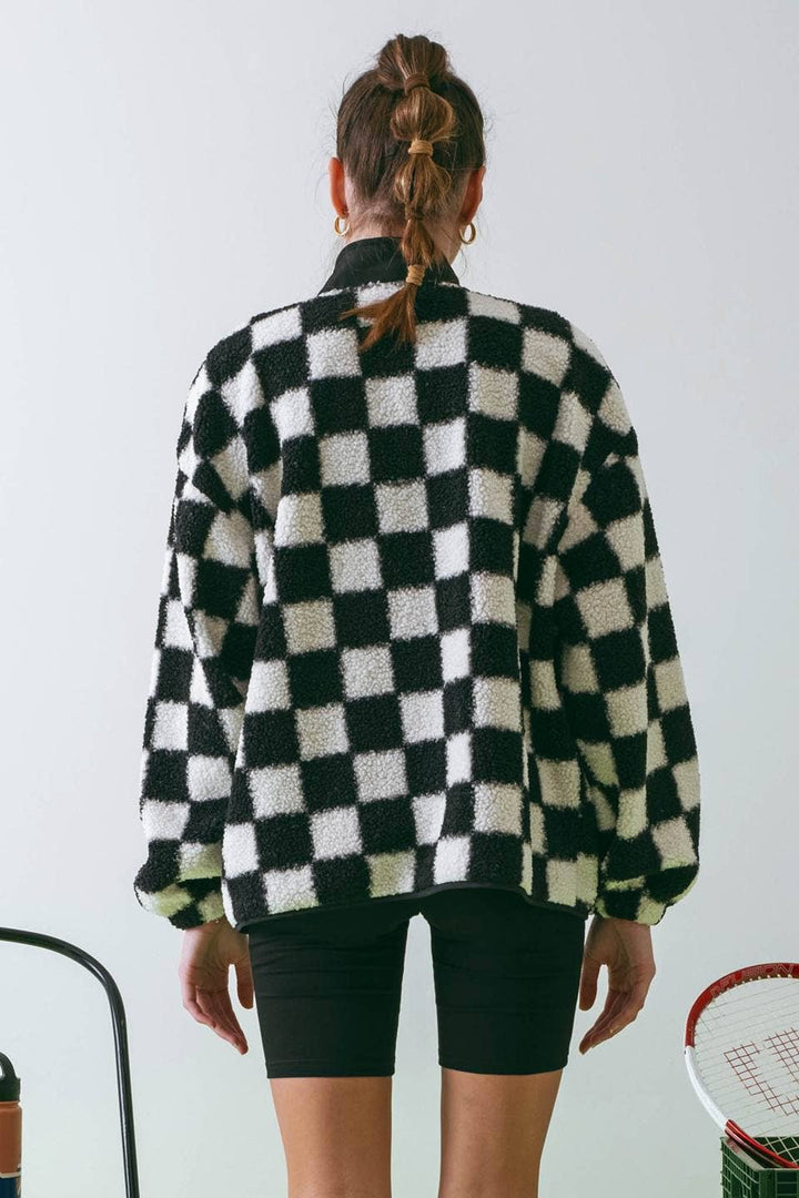 Checkered Snap Button Fleece Jacket