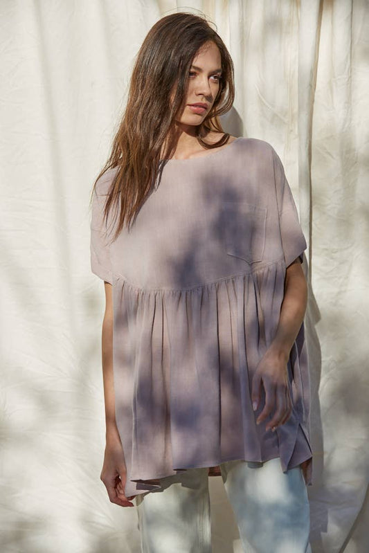 Vintage Mauve Babydoll Ruffled Top - Woven Gauze Short Sleeve Babydoll Top by By Together.