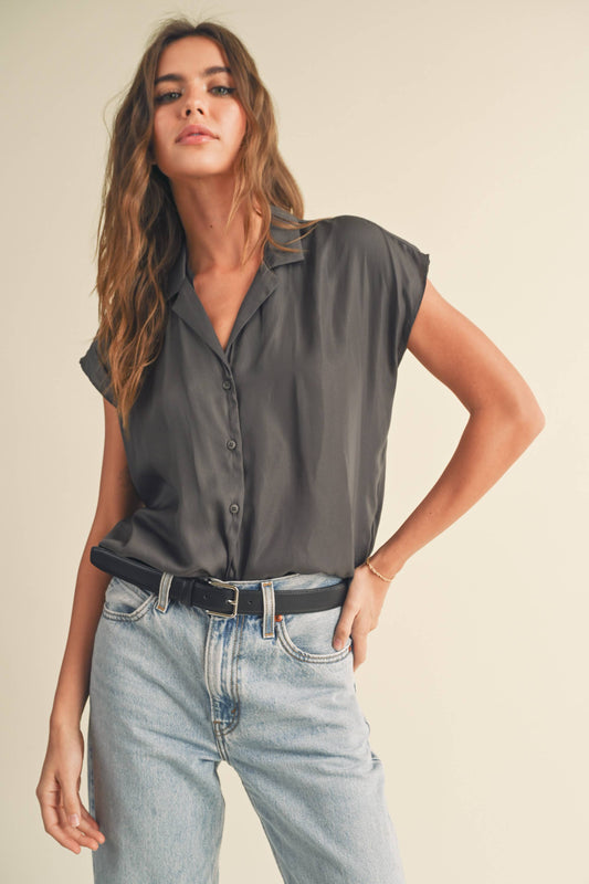 front view of Button-down cap sleeve shirt in a light and breathable fabric.