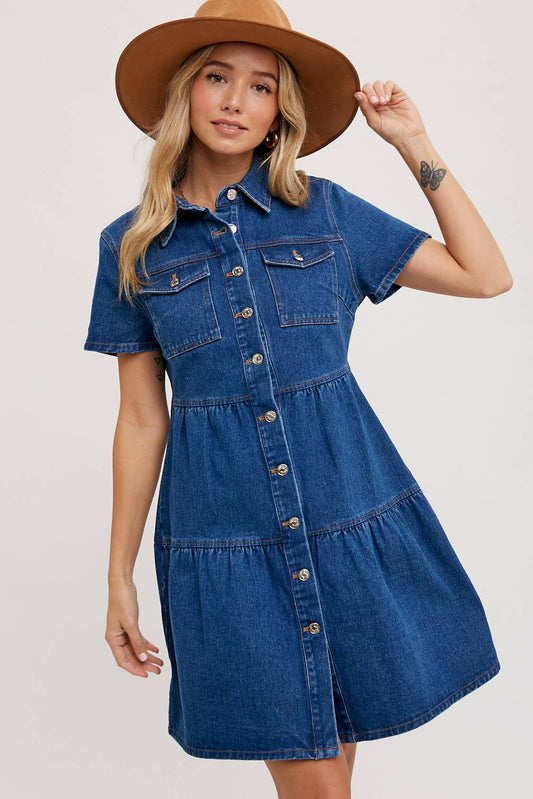 DENIM TIERED BUTTON FRONT SHIRT DRESS