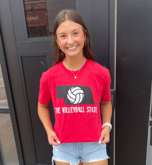 "Nebraska - The VB State" graphic tee, available in youth and adult sizes. Unisex fit, true to size, perfect for Nebraska fans.