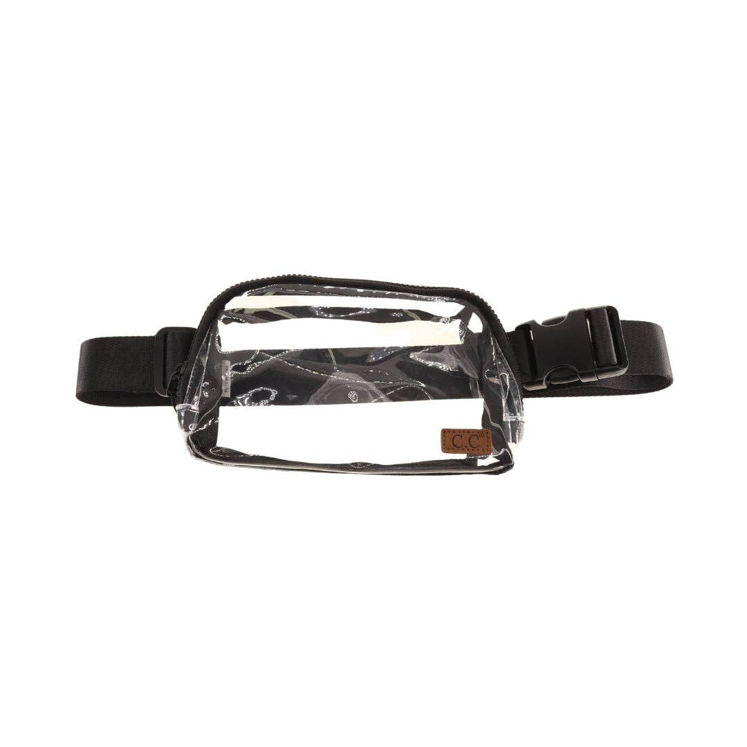 Clear C.C Belt Bag - Stylish and functional clear belt bag perfect for concerts, football games, and stadium visits. Features a zippered pouch with elasticized compartments and an adjustable strap.