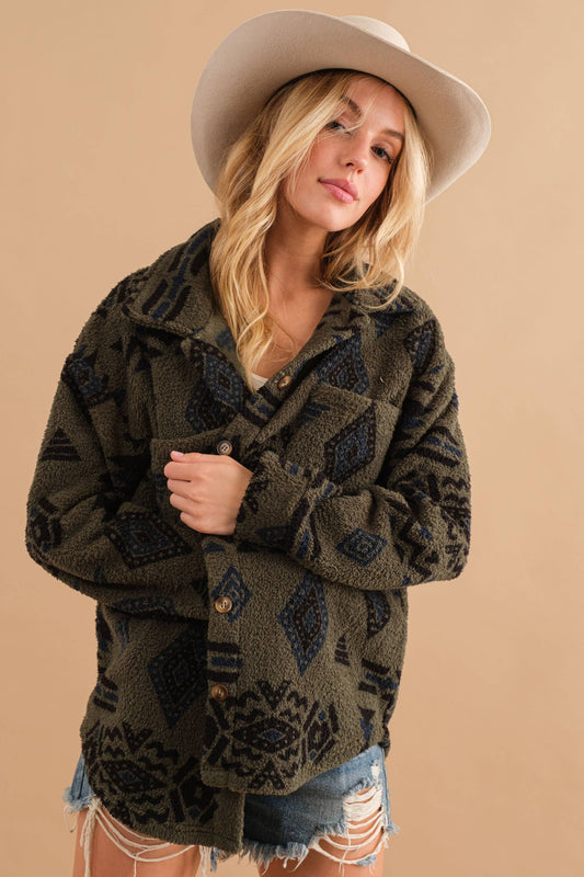 Soft Sherpa Aztec Print Button Up Jacket