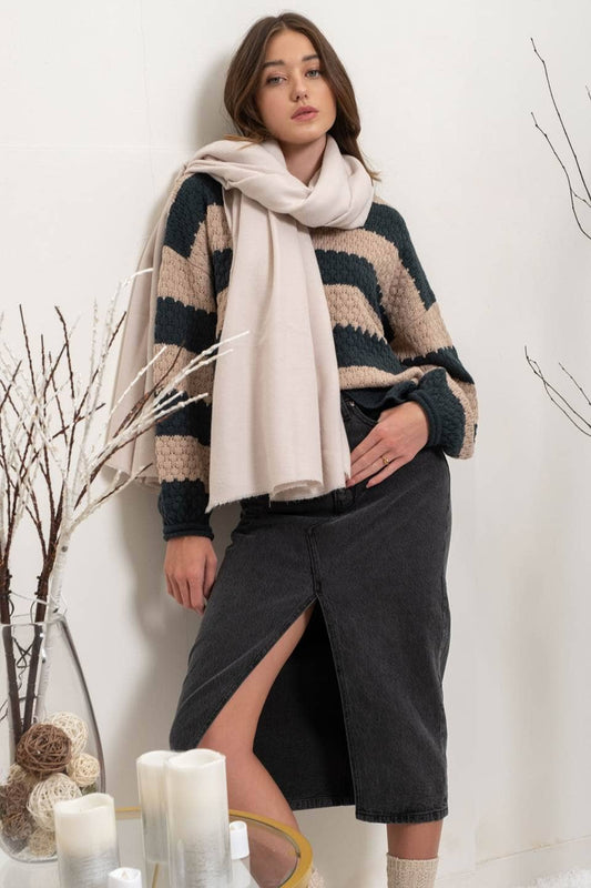 STRIPED CREW KNIT SWEATER: HUNTER GREEN