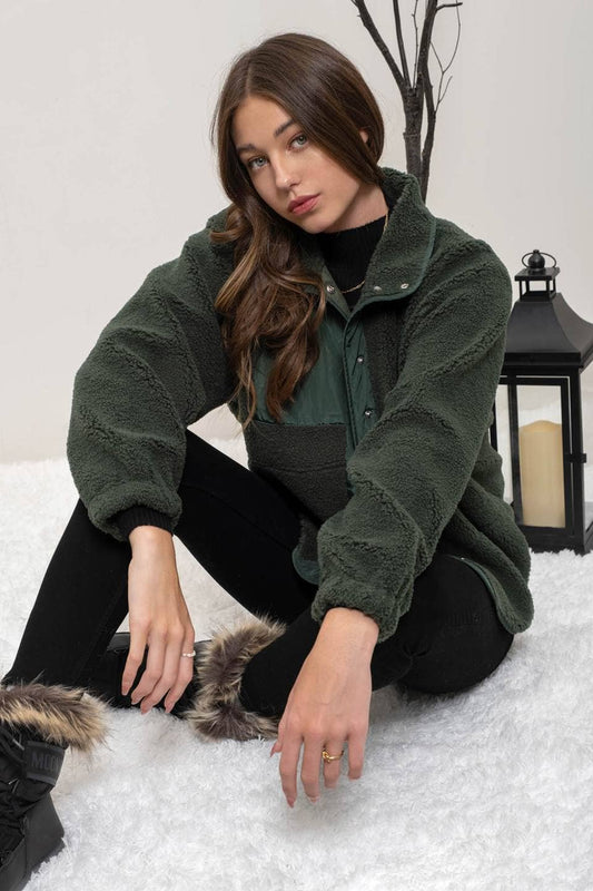 SOLID SNAP BUTTON FLEECE JACKET: HUNTER GREEN