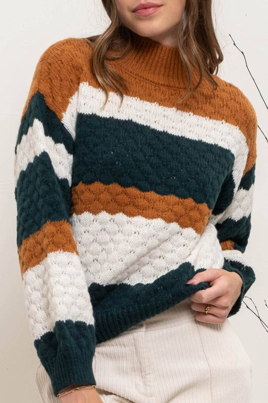 STRIPED MULTICOLOR KNIT PULLOVER SWEATER: HUNTER GREEN MULTI