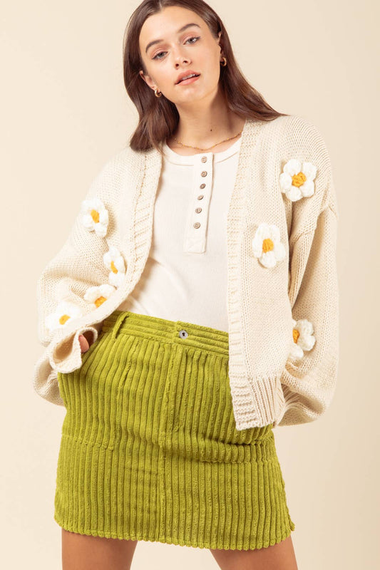 Multi-Pattern Chunky Knit Cardigan: DAISY-CREAM