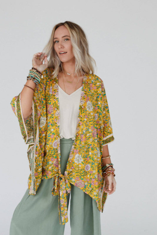 Flower Daze Front Tie Kimono - Mustard