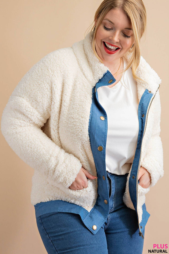 SOFT FAUX FUR CHAMBREY CONTRAST SNAP BUTTON JACKET