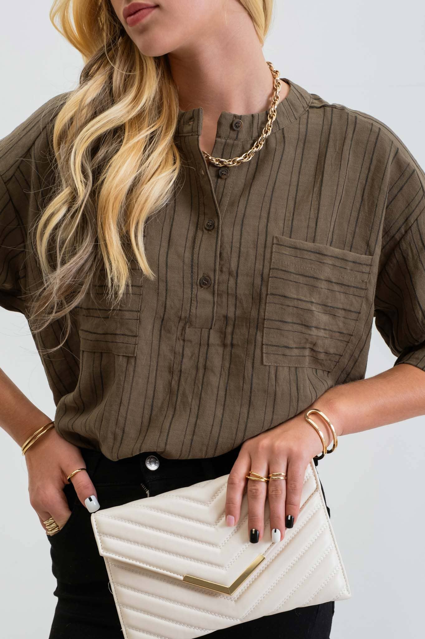 VERTICAL STRIPED LONG SLEEVE: OLIVE