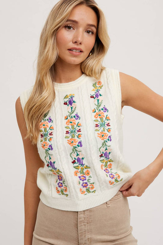 ELLE EMBROIDERED SLEEVELESS KNIT TANK