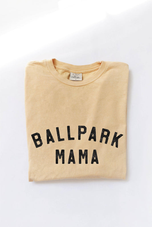 Ballpark Mama mineral washed graphic top in 100% premium cotton jersey. Features a relaxed unisex fit and screen-printed design with water-based ink. Each item is unique due to the dying process.