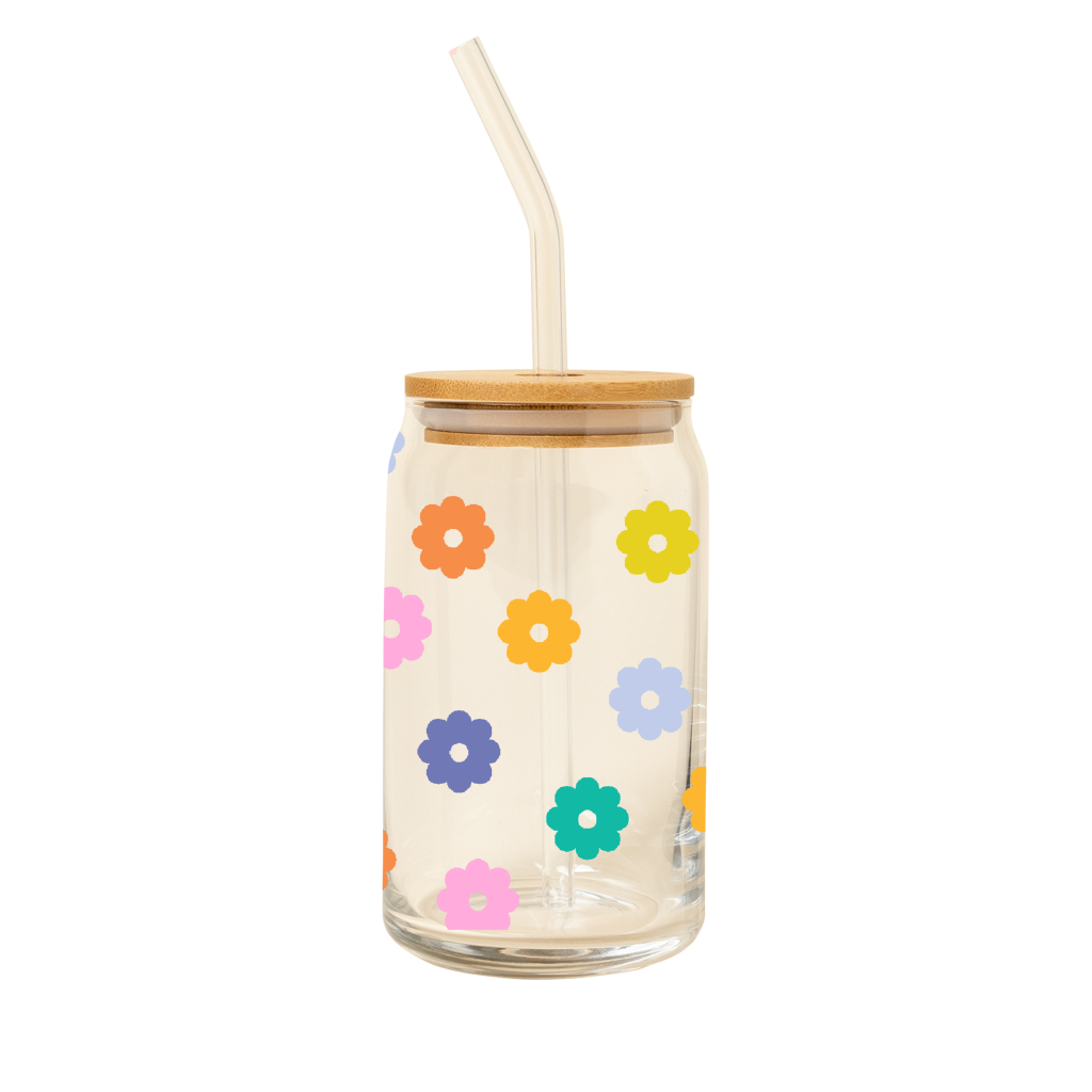 16oz Can Glass with Push-On Lid and Glass Straw, featuring designs by Elizabeth Olwen such as Daisy, What A Time To Be Alive, and Good Vibrations. Ideal for morning coffees, cocktails, and root beer floats.