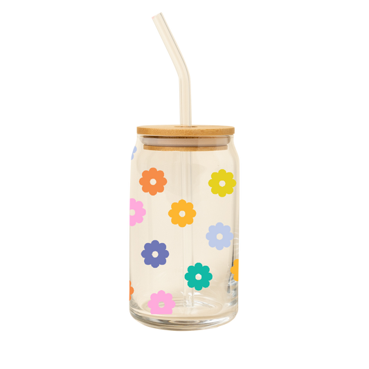 16oz Can Glass with Push-On Lid and Glass Straw, featuring designs by Elizabeth Olwen such as Daisy, What A Time To Be Alive, and Good Vibrations. Ideal for morning coffees, cocktails, and root beer floats.