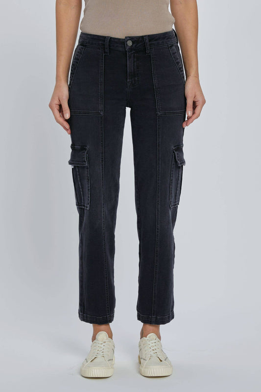 front view of Black stretch cargo pocket straight jeans. Features include a rise of 10 inches and an inseam of 28 inches. Model is wearing size 26. Made of 65% cotton, 21% rayon, 11% polyester, and 2% spandex.