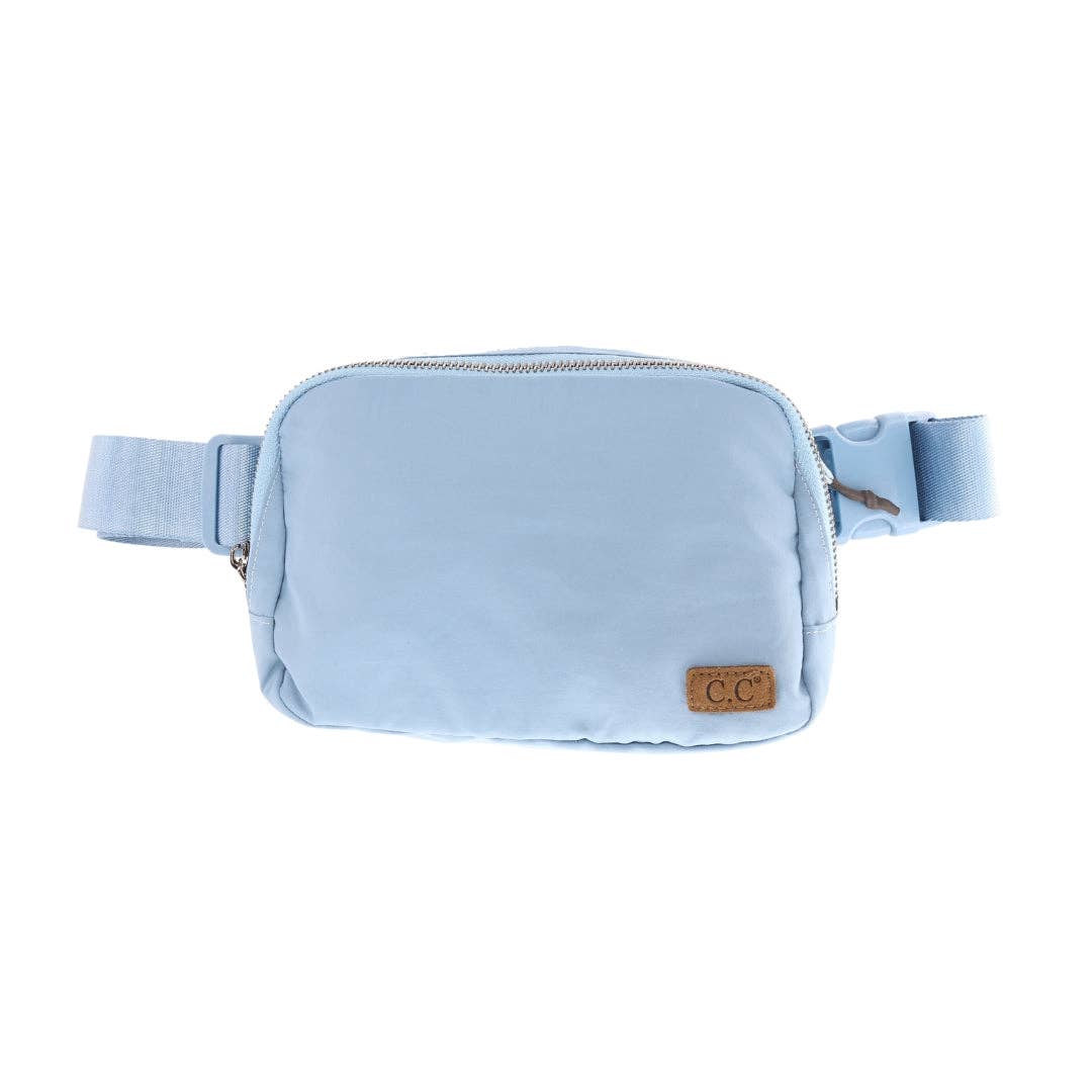 Steel Blue C.C Belt Bags - Stylish and functional belt bags in a steel blue color. Features include a zippered pouch with elasticized compartments, adjustable strap, and waterproof design