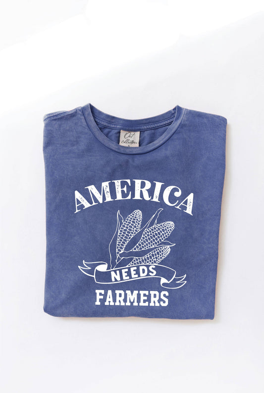 America Needs Farmers mineral washed graphic top made from 100% premium cotton jersey. Relaxed unisex fit with screen-printed design using water-based ink. Each garment is unique due to the dying process. Exclusive Oat Collective label.